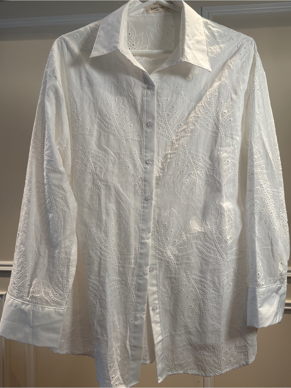 White Button Up Embroidered Leaf Pattern Shirt by Sens Uniq